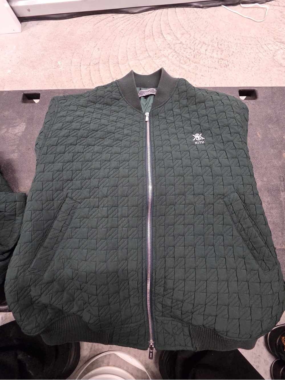 Kith Quilted Bomber Jacket and sweatpants in Dark Green